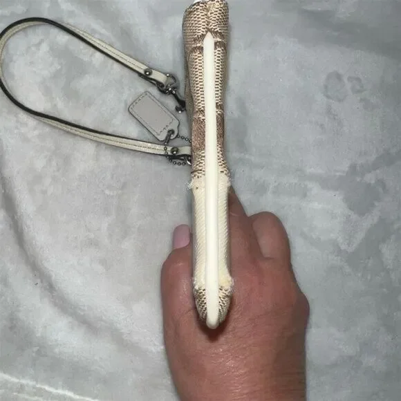 Coach Signature Tan Brown Wristlet Monogram Cream Accent Wristlet - Picture 5 of 11